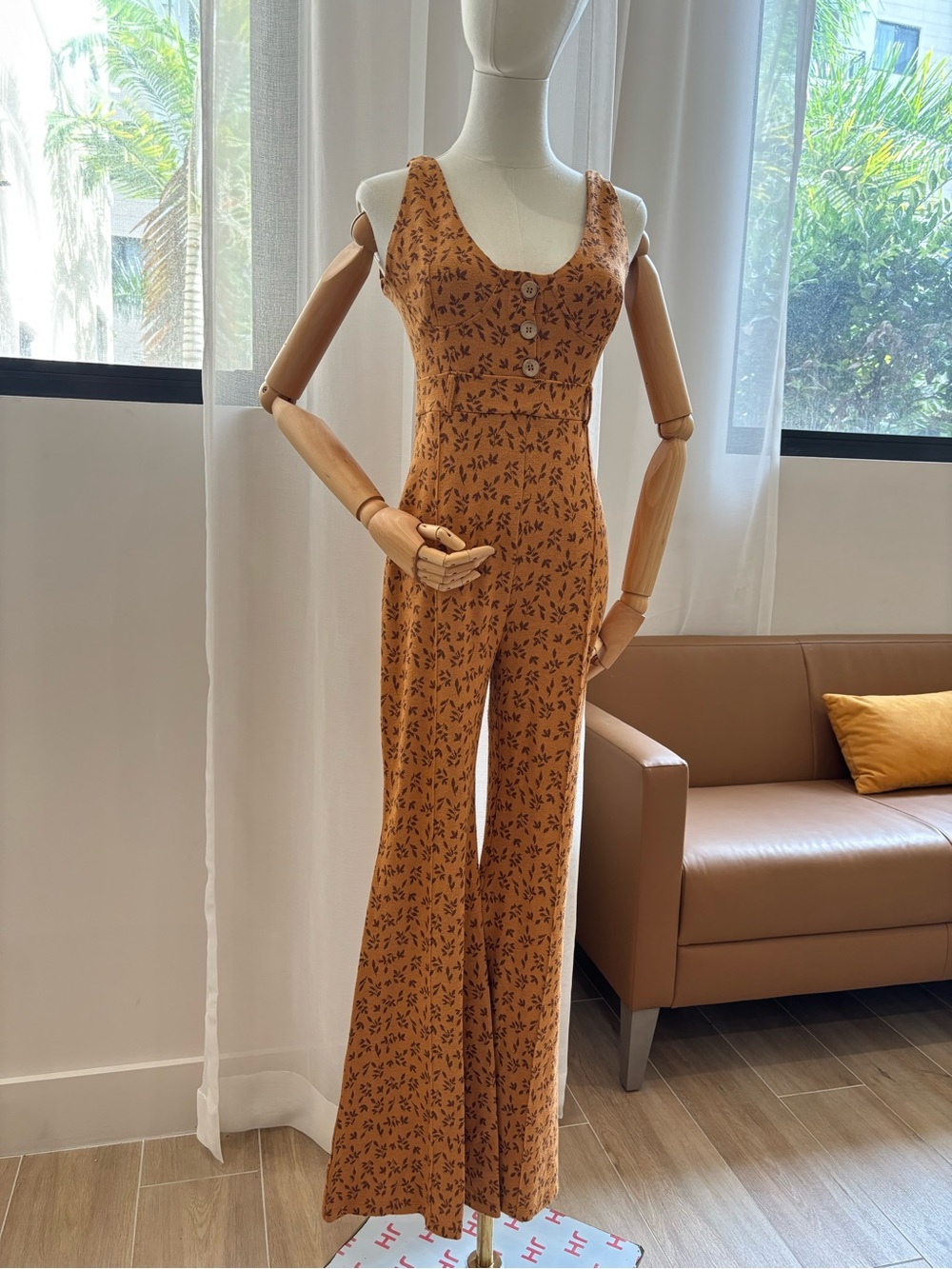 Free People Rust Floral Button-Front Wide-Leg Jumpsuit - Picture 3 of 7
